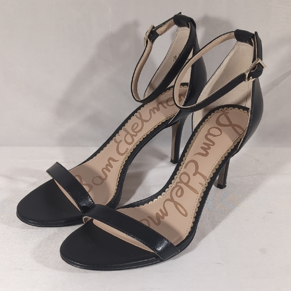 Sam Edelman Black Strappy PATTI Heels Size 7.5 Stiletto Open Toe Buckle Closure